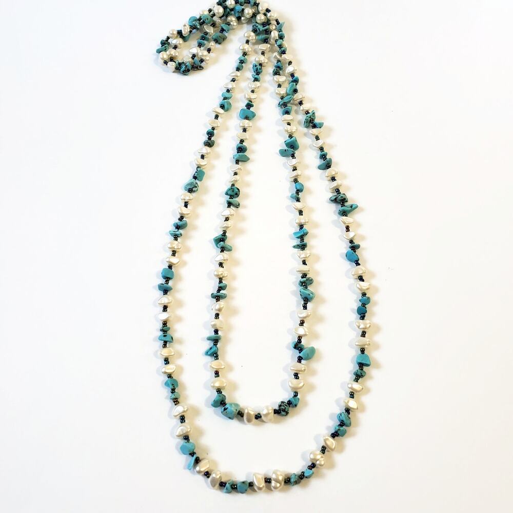Freshwater Pearl And Turquoise Chip Boho Necklace No Clasp 60"l
